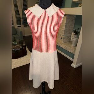 St. John Knits Red and Cream Textured Knit Dress with collar neck